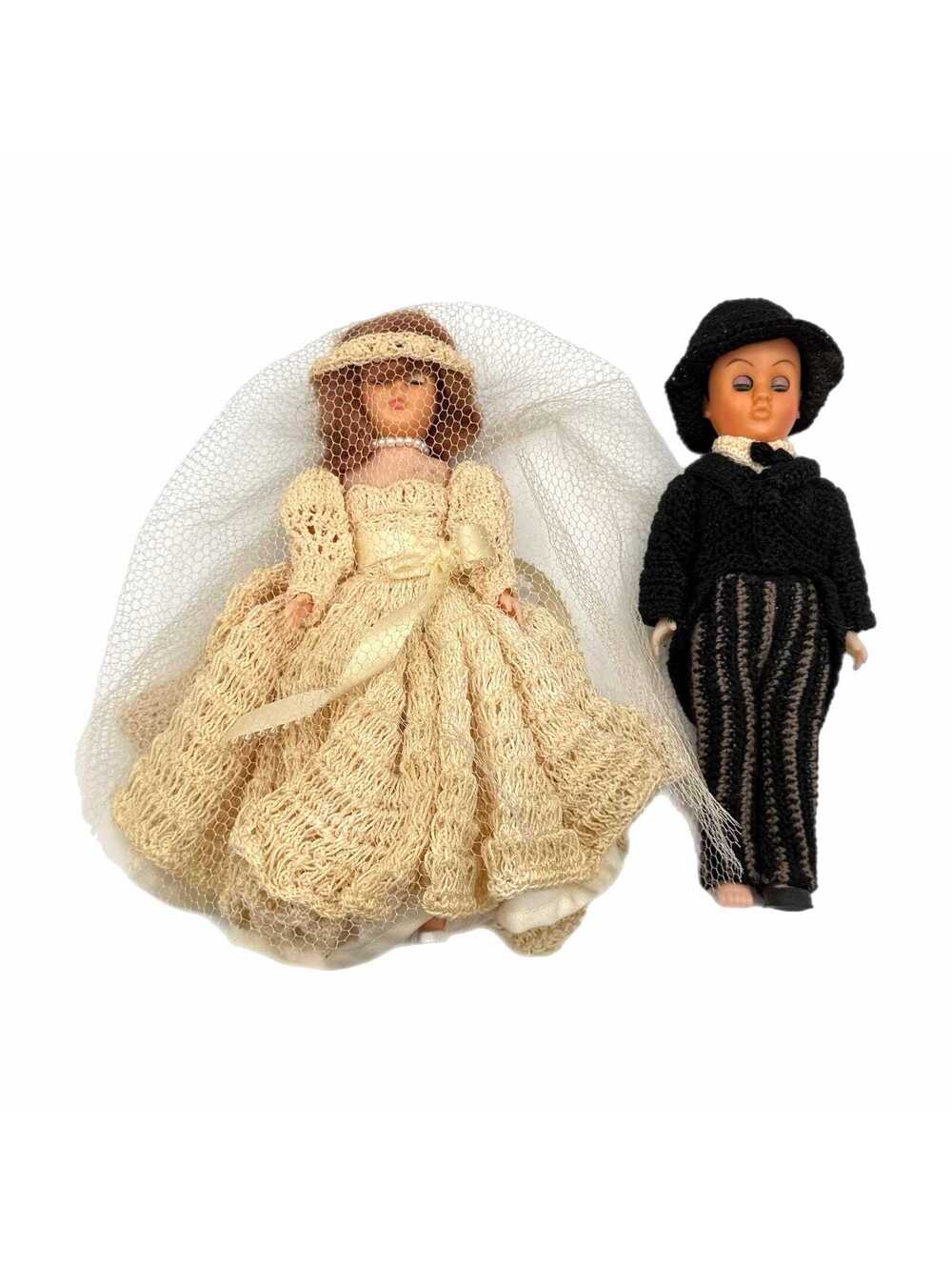 Set of Vintage Crochet Bride & Groom Wedding Celluloid Blinking Eye Dolls